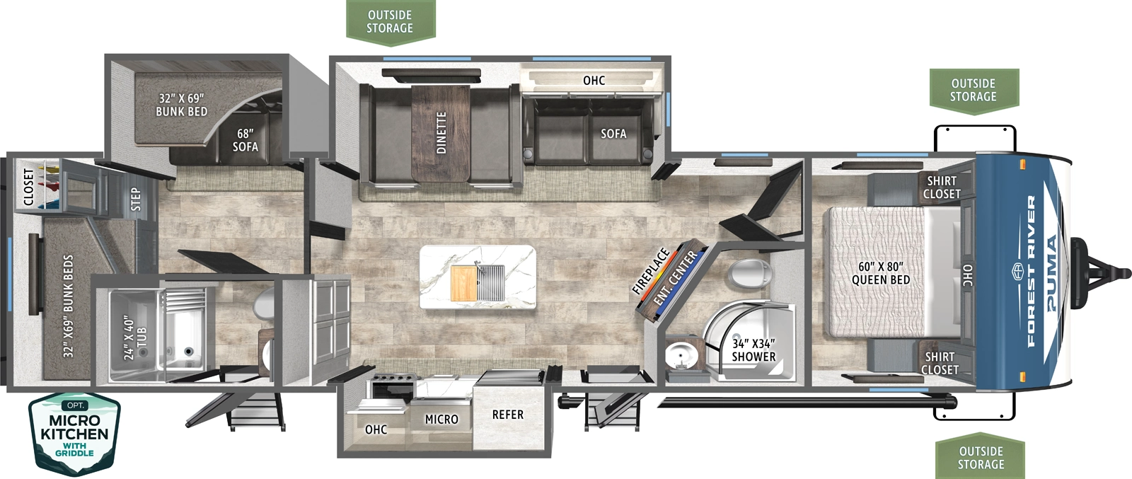 The Puma 32BH2B floorplan has two entries and three slide outs. Exterior features include: metal exterior and 21' awning. Interiors features include: bunk beds, kitchen island, front bedroom and two full bathrooms.
